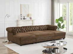 Vente-unique Sofá rinconera panorámico y puf de microfibra aspecto cuero envejecido CHESTERFIELD