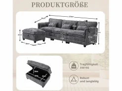 New Sofá 279x83x85cm soporte para móvil integrado y puf modular tapizado chenille Sofá Modular