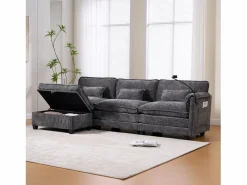 New Sofá 279x83x85cm soporte para móvil integrado y puf modular tapizado chenille Sofá Modular