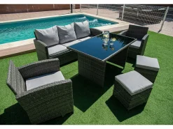 Saldosystocks Sofa + Mesa + 2 Sillones+ 2 pufs de Ratan PE. Muebles de Jardin y Terraza,