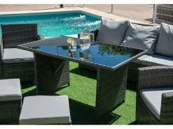 Saldosystocks Sofa + Mesa + 2 Sillones+ 2 pufs de Ratan PE. Muebles de Jardin y Terraza,