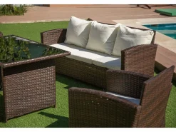 Online Saldosystocks Sofa + Mesa + 2 Sillones+ 2 pufs de Ratan PE. Muebles de Jardin y Terraza, Marron Marru00f3n