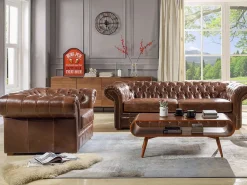 Vente-unique Sofa 3+1 plazas de piel envejecida chesterfield CLOTAIRE