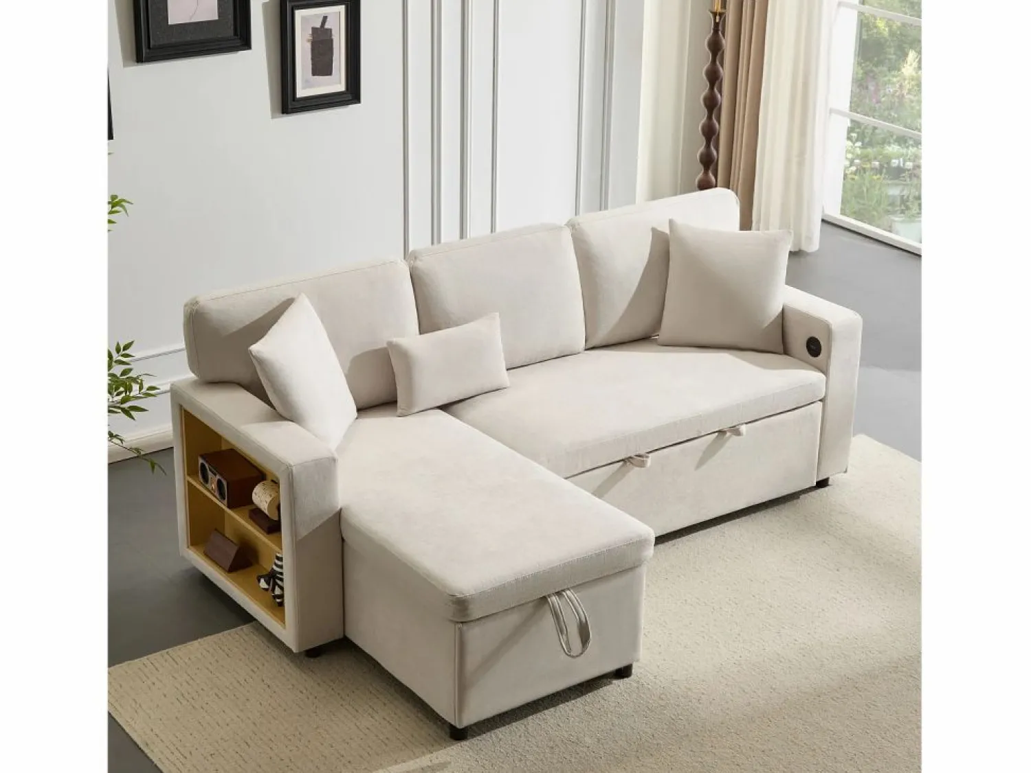 Sofa cama esquina 214x131x87cm estilo moderno con puerto USB y almacenaje tela terciopelo perfecto para salon