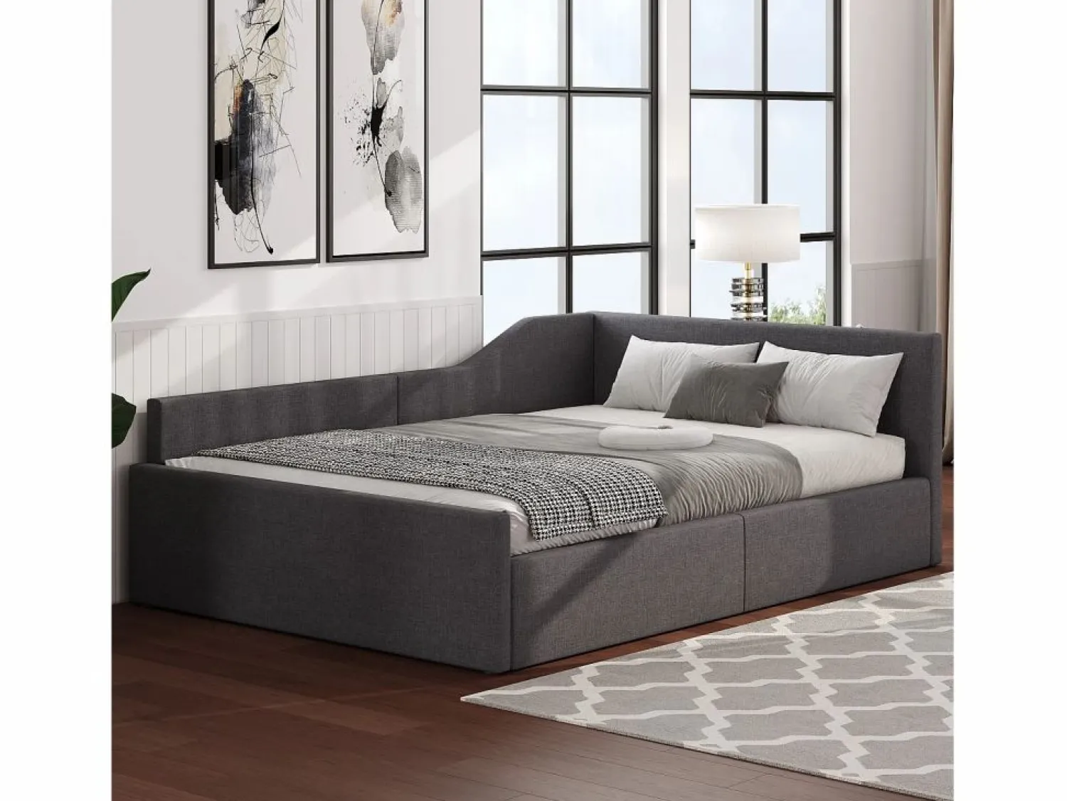 Outlet Sofá-cama acolchado 140×200 cm - con espacio de almacenamiento - con somier de láminas - MDF+lino - Cama Diván
