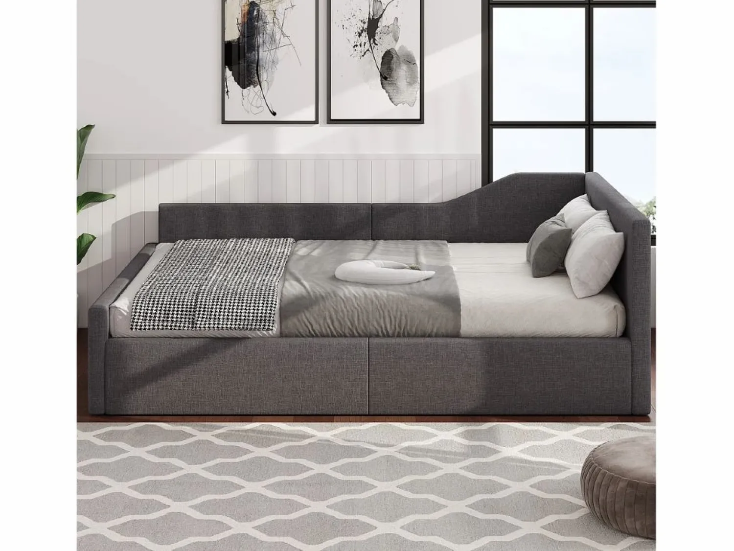 Outlet Sofá-cama acolchado 140×200 cm - con espacio de almacenamiento - con somier de láminas - MDF+lino - Cama Diván