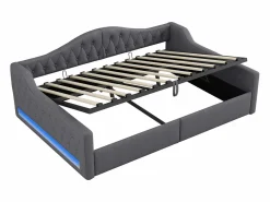 Hot Sofá-cama acolchado 140×200 cm - con tira LED luminosa - compartimento de almacenamiento - con somier de láminas - Cama Diván