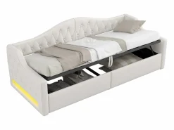 ModernLuxe Sofá-cama acolchado 90×200 cm - con tira luminosa LED - almacenamiento - con somier de láminas -