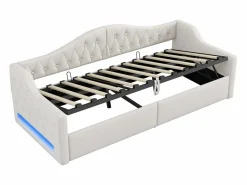 ModernLuxe Sofá-cama acolchado 90×200 cm - con tira luminosa LED - almacenamiento - con somier de láminas -