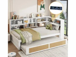 ModernLuxe Sofá-cama em madeira maciça 90x200cm - Com cama de rodízio - Com vários compartimentos de arrumação - Com porta de carregamento - Branco (sem colchão)