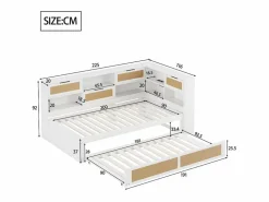 ModernLuxe Sofá-cama em madeira maciça 90x200cm - Com cama de rodízio - Com vários compartimentos de arrumação - Com porta de carregamento - Branco (sem colchão)