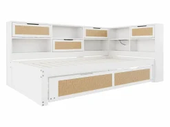 ModernLuxe Sofá-cama em madeira maciça 90x200cm - Com cama de rodízio - Com vários compartimentos de arrumação - Com porta de carregamento - Branco (sem colchão)
