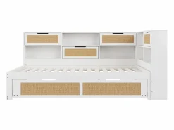 ModernLuxe Sofá-cama em madeira maciça 90x200cm - Com cama de rodízio - Com vários compartimentos de arrumação - Com porta de carregamento - Branco (sem colchão)
