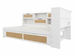 ModernLuxe Sofá-cama em madeira maciça 90x200cm - Com cama de rodízio - Com vários compartimentos de arrumação - Com porta de carregamento - Branco (sem colchão)