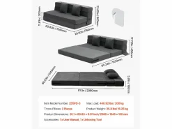 Sofá-Cama Plegable SucceBuy, 3 en 1 con 2 Almohadas, Gris Oscuro, Queen Gris antracita