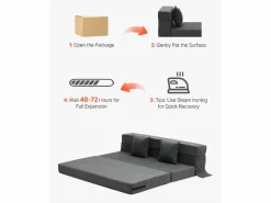 Sofá-Cama Plegable SucceBuy, 3 en 1 con 2 Almohadas, Gris Oscuro, Queen Gris antracita