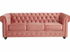 Vente-unique Sofás de 3 plazas, 2 plazas y un sillón de terciopelo rosa pastel CHESTERFIELD