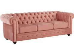 Vente-unique Sofás de 3 plazas, 2 plazas y un sillón de terciopelo rosa pastel CHESTERFIELD