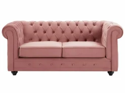 Vente-unique Sofás de 3 plazas, 2 plazas y un sillón de terciopelo rosa pastel CHESTERFIELD
