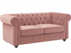 Vente-unique Sofás de 3 plazas, 2 plazas y un sillón de terciopelo rosa pastel CHESTERFIELD