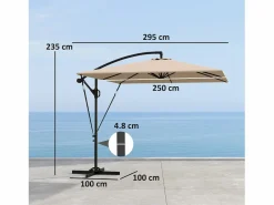 Sombrilla Cantilever Ø260cm, tejido de poliéster 180g/m², protección UV50+, color caqui, incluye base, manivela y funda (295x250x235cm)