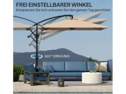 Sombrilla Cantilever Ø260cm, tejido de poliéster 180g/m², protección UV50+, color caqui, incluye base, manivela y funda (295x250x235cm)