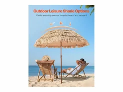 Sombrilla Hawaiana SucceBuy, 1,8 m, Sombrilla Exótica Inclinable con Techo de Paja PP, 8 Varillas Metálicas, para Playa, Terraza, Piscina, Jardín