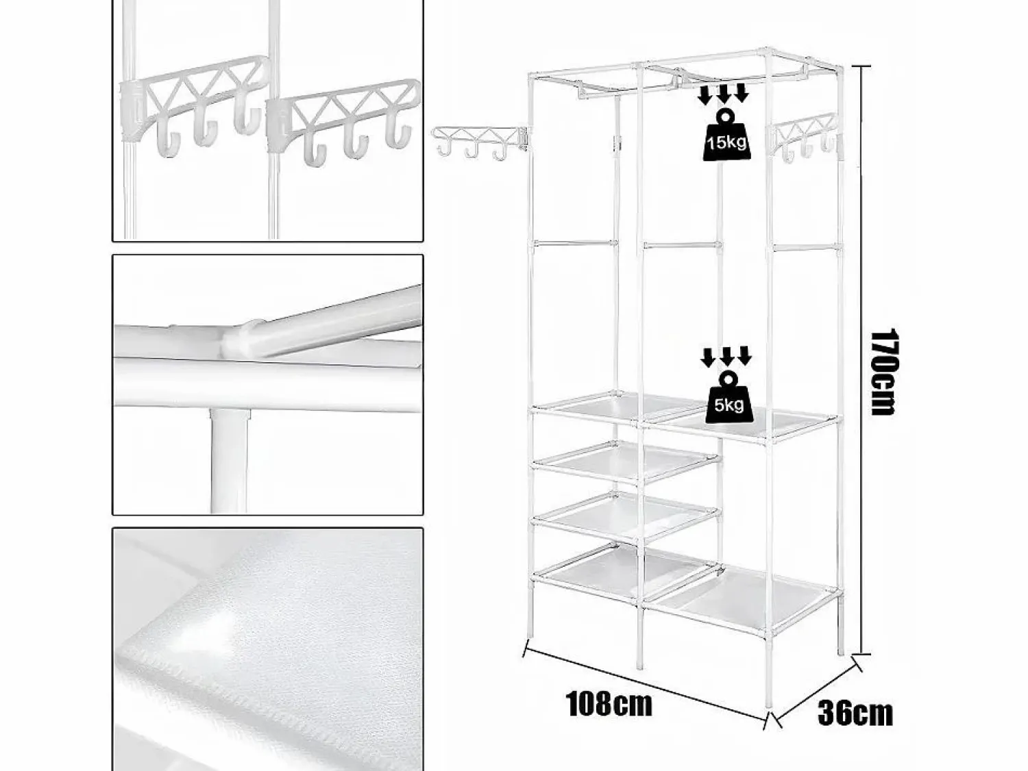 Sale DripeX Soporte de comidas de metal 4 en 1, con 6 estantes, 2 varillas y ganchos, 108x36x170cm Blanco