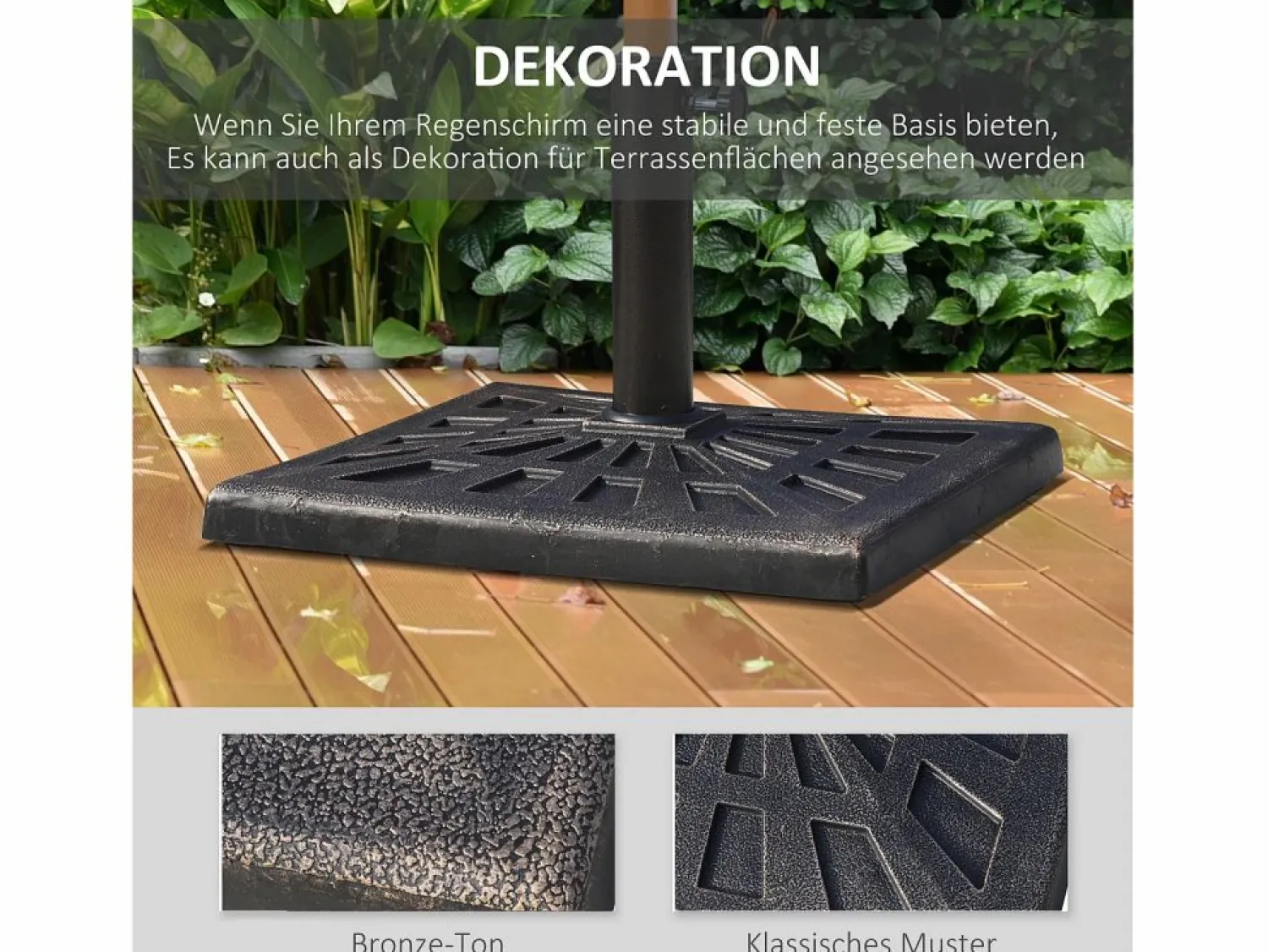 Soporte de sombrilla de resina, 15 kg, con tornillos ajustables, para postes de Ø38/48 mm, negro (47x47x32 cm)