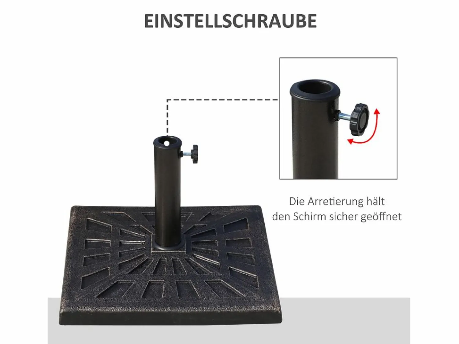 Soporte de sombrilla de resina, 15 kg, con tornillos ajustables, para postes de Ø38/48 mm, negro (47x47x32 cm)