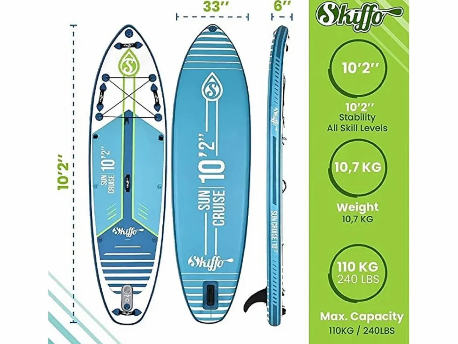 SKIFFO Stand Up Paddle Inflable Sun Cruise 10'2 - 310x84x15cm (10"2'x33 "x6") - Dropstitch Double Layer Fused Full Pack