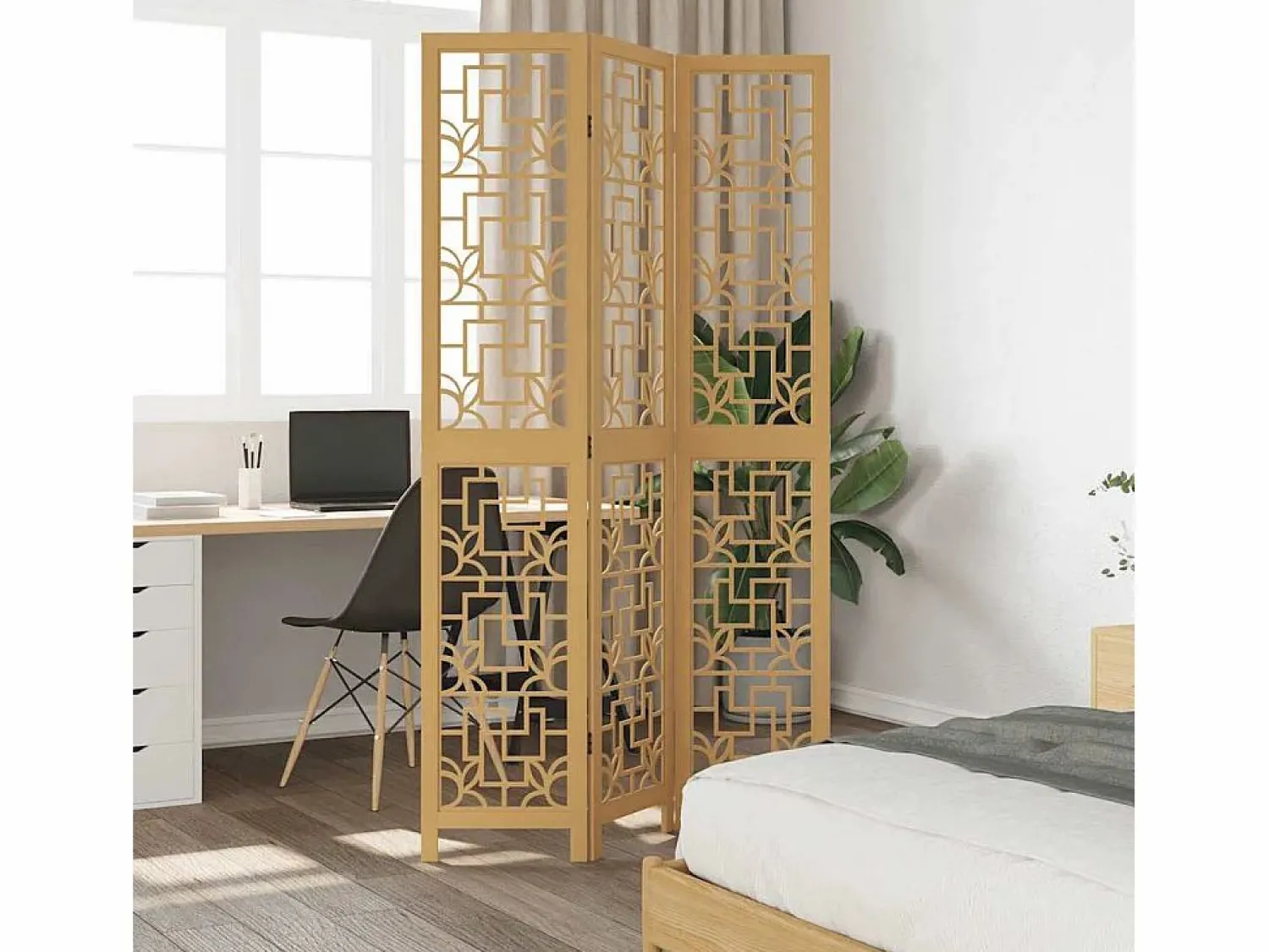 Discount Tabique divisorio de 3 paneles en madera maciza de paulownia marrón Biombo