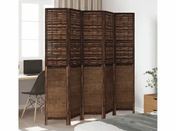 Tabique divisorio de 5 paneles en marrón oscuro fabricado en paulownia maciza Marru00f3n