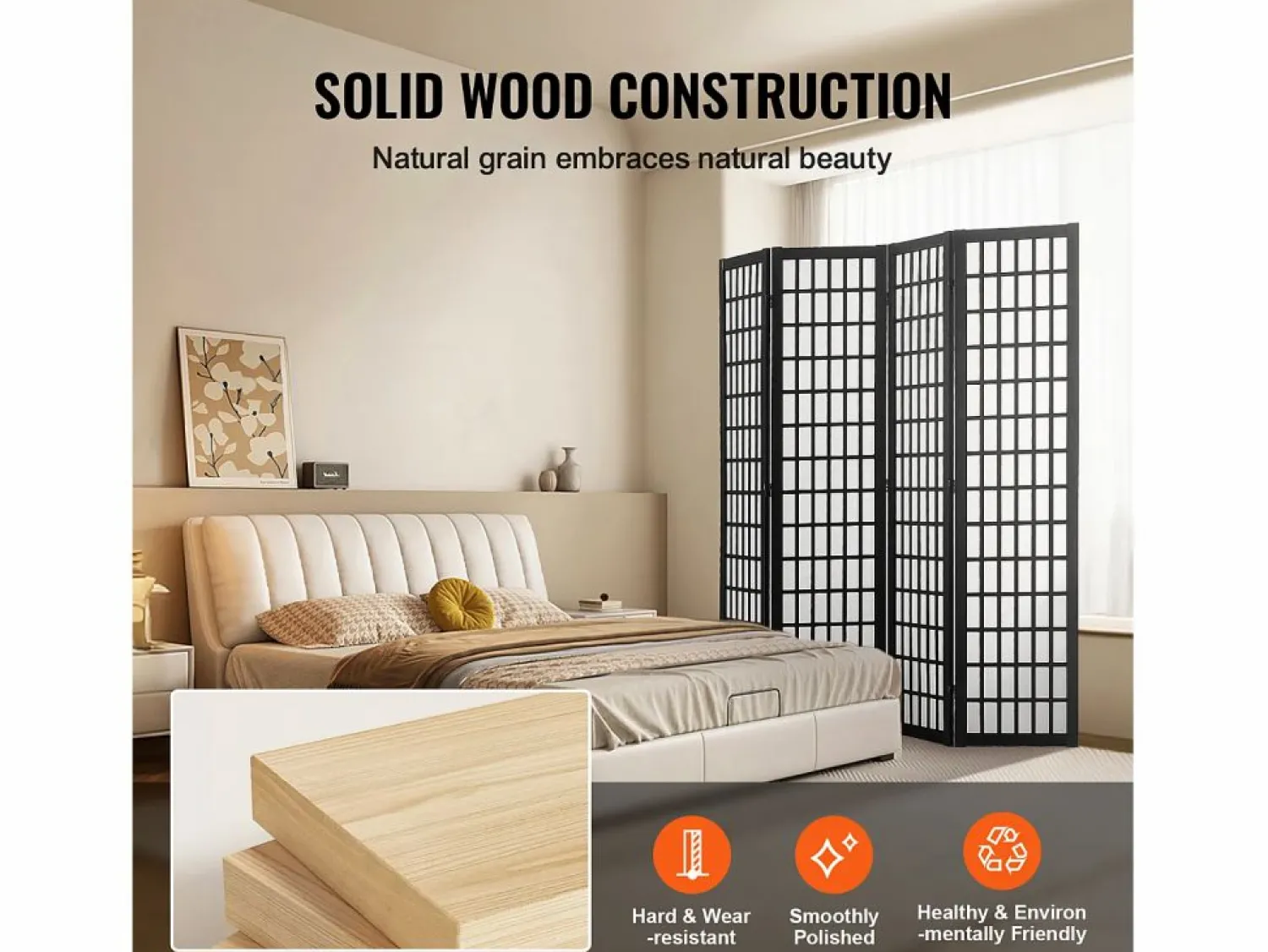 Clearance Tabique Divisorio SucceBuy, Tabique Divisorio Japonés de 4 Paneles, Tabique Japonés Portátil, de Madera, Gira 360°, 162 x 170 x 1,9 cm, para Separar Habitaciones Biombo