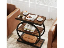 Tribesigns Tabla de apoyo estrecha de 3 niveles, Mesa de salón de madera con marco de metal negro, Mesa baja industrial para sofá