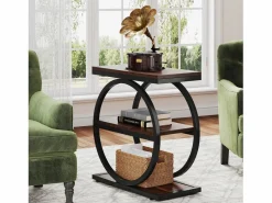 Tribesigns Tabla de apoyo estrecha de 3 niveles, Mesa de salón de madera con marco de metal negro, Mesa baja industrial para sofá