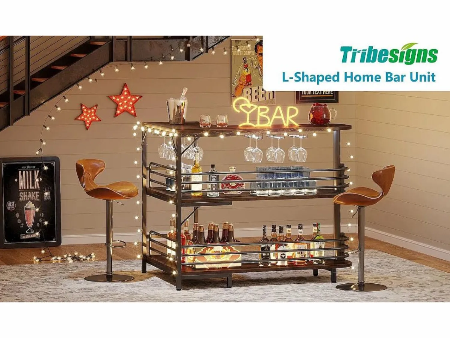 Discount Tabla de bar en forma de L, Tabla de licor de 3 niveles de bistro con estantería para vinos y soporte para vasos de vino, Marrón rústico Botellero|Accesorios Para Vino Y Bar