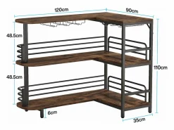 Discount Tabla de bar en forma de L, Tabla de licor de 3 niveles de bistro con estantería para vinos y soporte para vasos de vino, Marrón rústico Botellero|Accesorios Para Vino Y Bar