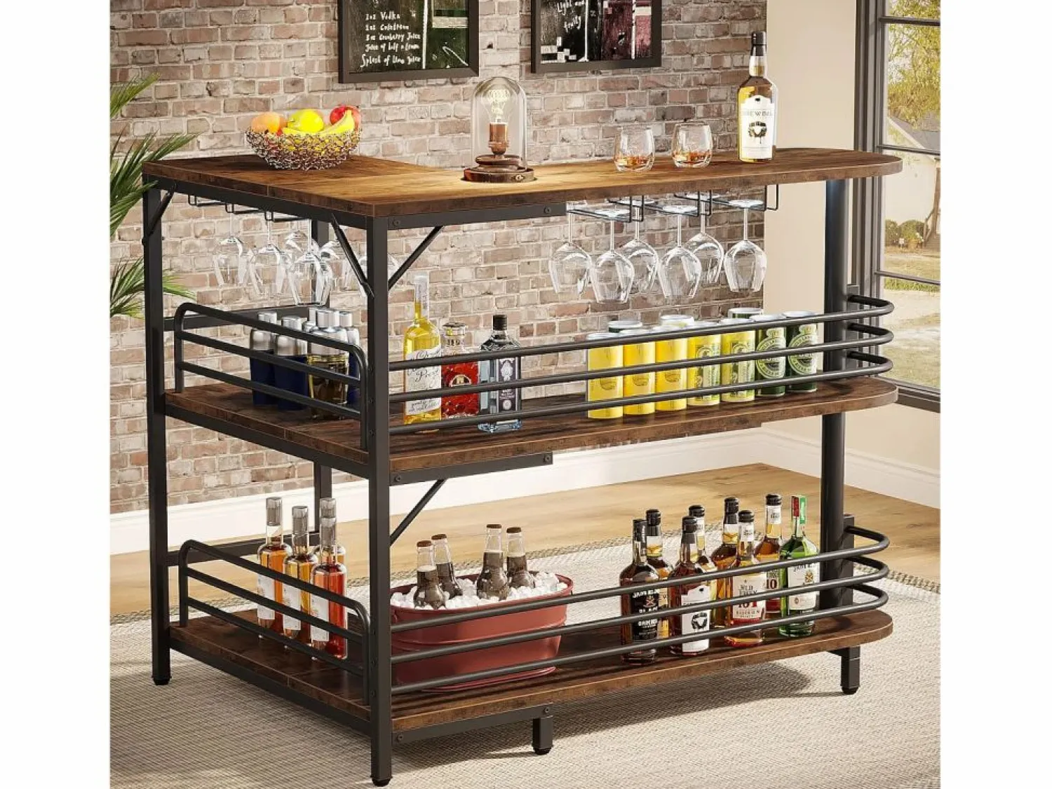 Discount Tabla de bar en forma de L, Tabla de licor de 3 niveles de bistro con estantería para vinos y soporte para vasos de vino, Marrón rústico Botellero|Accesorios Para Vino Y Bar
