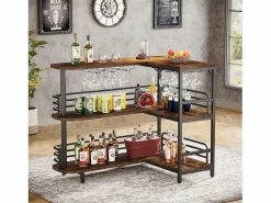 Discount Tabla de bar en forma de L, Tabla de licor de 3 niveles de bistro con estantería para vinos y soporte para vasos de vino, Marrón rústico Botellero|Accesorios Para Vino Y Bar