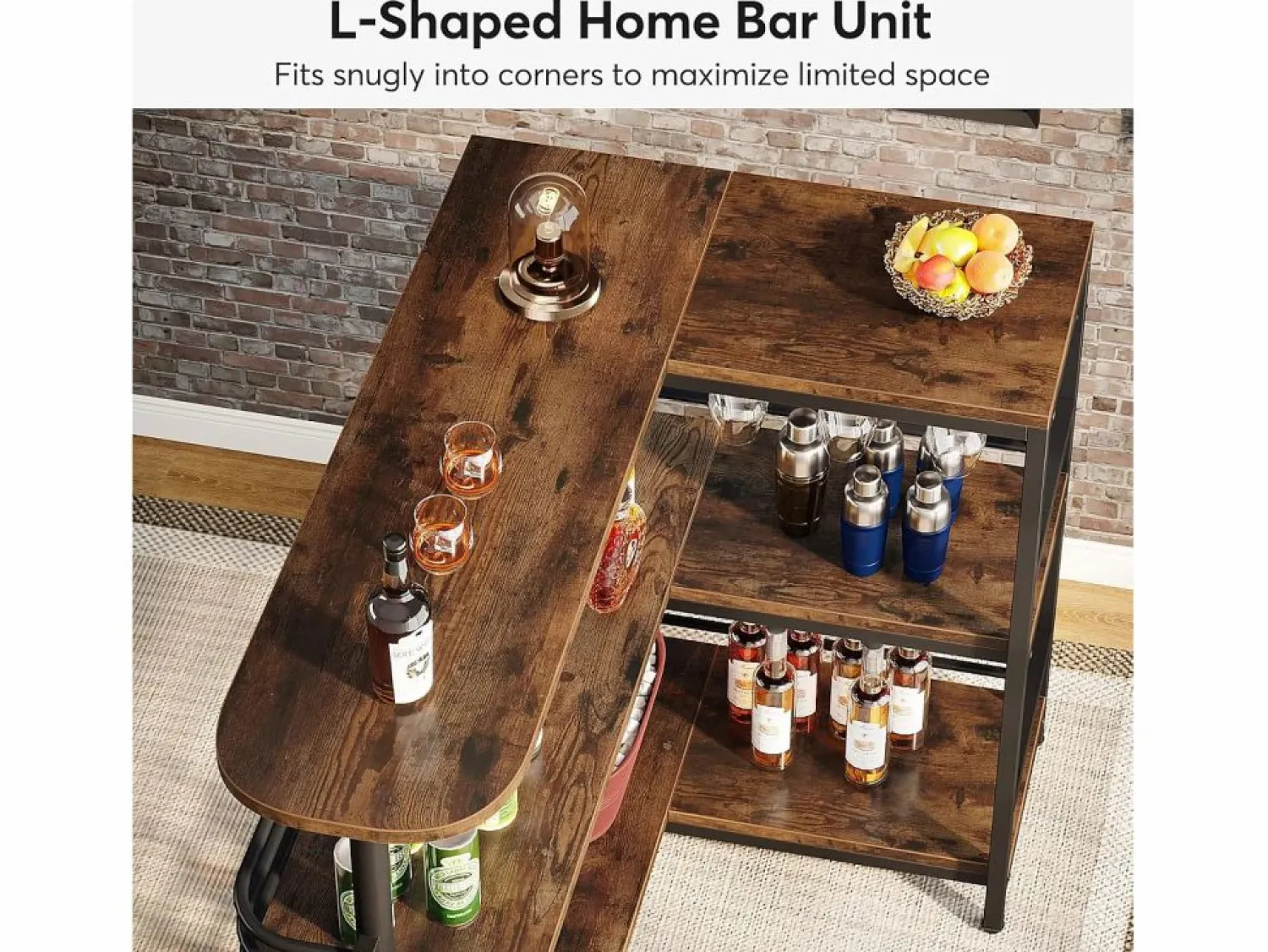Discount Tabla de bar en forma de L, Tabla de licor de 3 niveles de bistro con estantería para vinos y soporte para vasos de vino, Marrón rústico Botellero|Accesorios Para Vino Y Bar