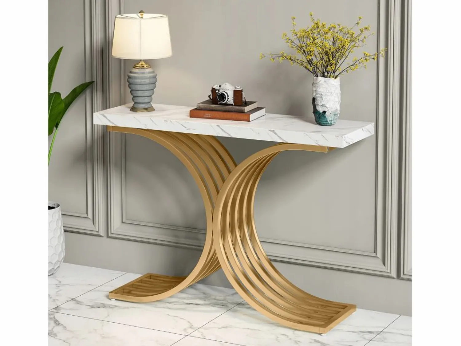 Best Tribesigns Tabla de consola estrecha, mesa auxiliar con estructura de metal dorado, 100 x 30 x 80 cm, pequeña mesa de exposición Blanco