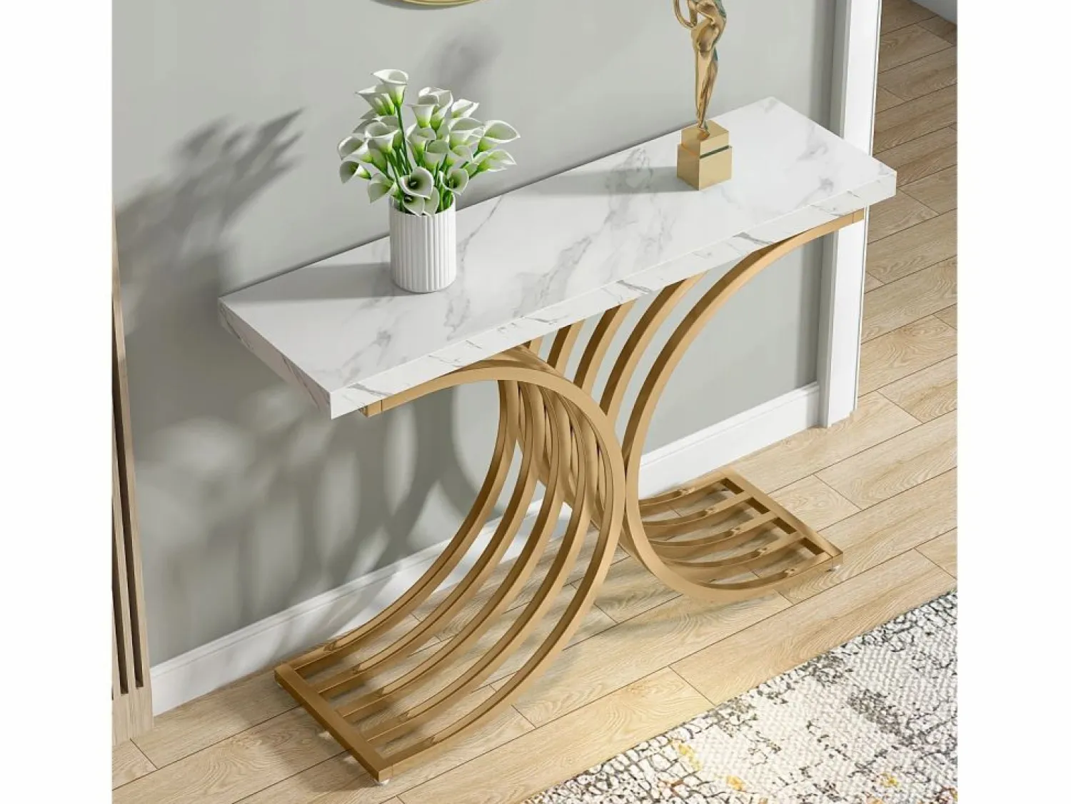 Best Tribesigns Tabla de consola estrecha, mesa auxiliar con estructura de metal dorado, 100 x 30 x 80 cm, pequeña mesa de exposición Blanco