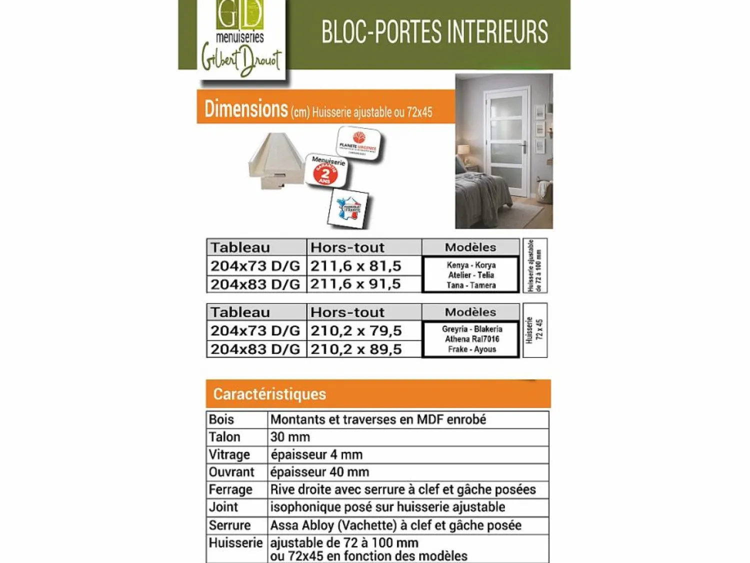 GD Menuiseries Tabla de dimensiones de empuje izquierdo del bloque de puerta Athena WHITE H204 x L73