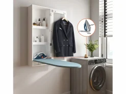 Clearance Tabla de planchar de pared con mueble de almacenaje, tabla de planchar integrada, estructura plegable, espejo de pared, MDF (35,5x17,5x95 cm) Blanco