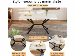 DripeX Tablero de comedor extensible 120/160 cm, 4 a 6 personas, en MDF y metal, mesa rectangular Blanco