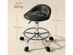 Sale Taburete con ruedas regulable, con respaldo y reposapiés, piel sintética, color (43x43x59-75 cm) Negro