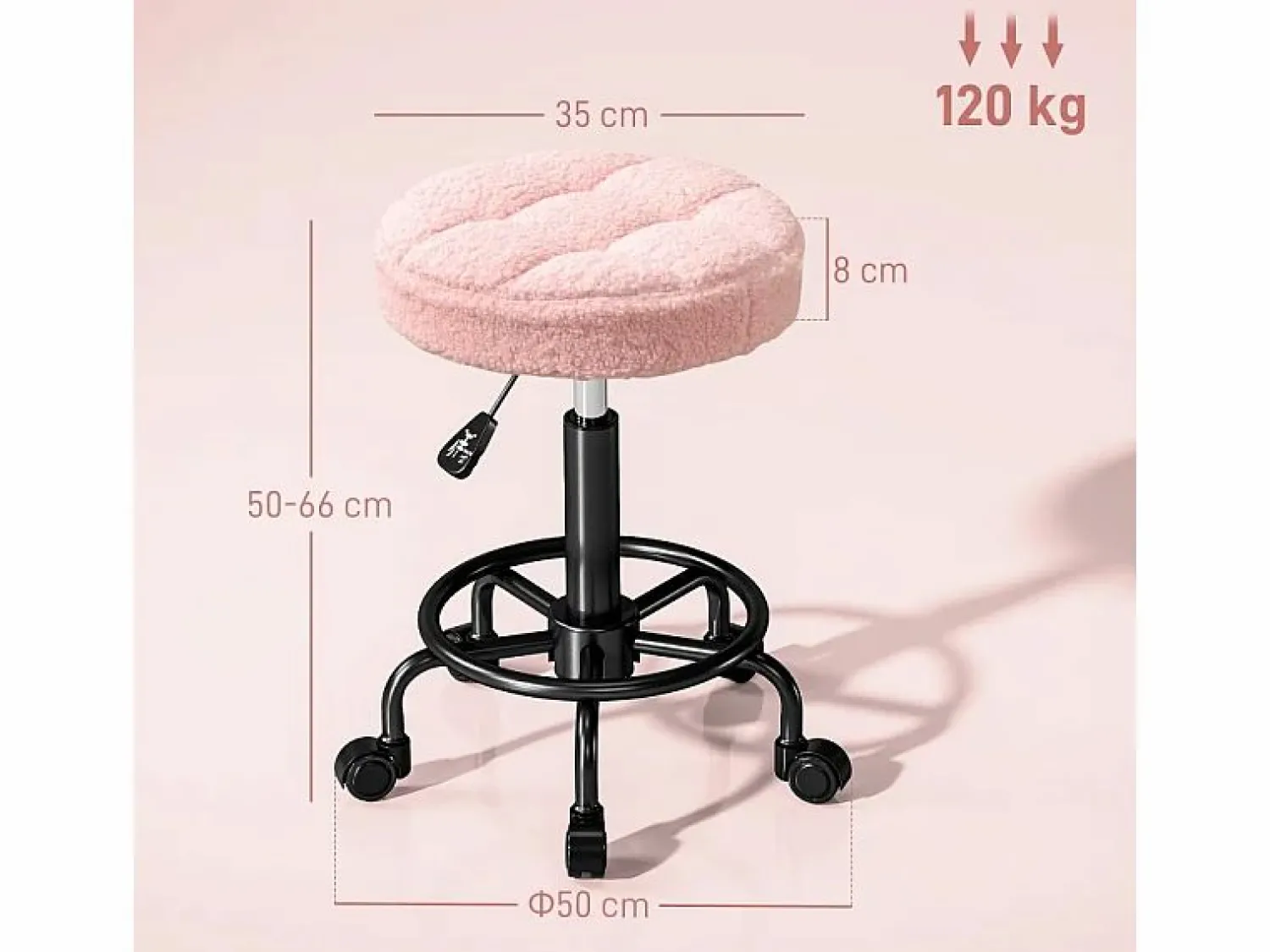 Outlet Taburete de oficina regulable en altura 50-66 cm, giratorio 360°, poliéster, (50x50x66 cm) Rosa