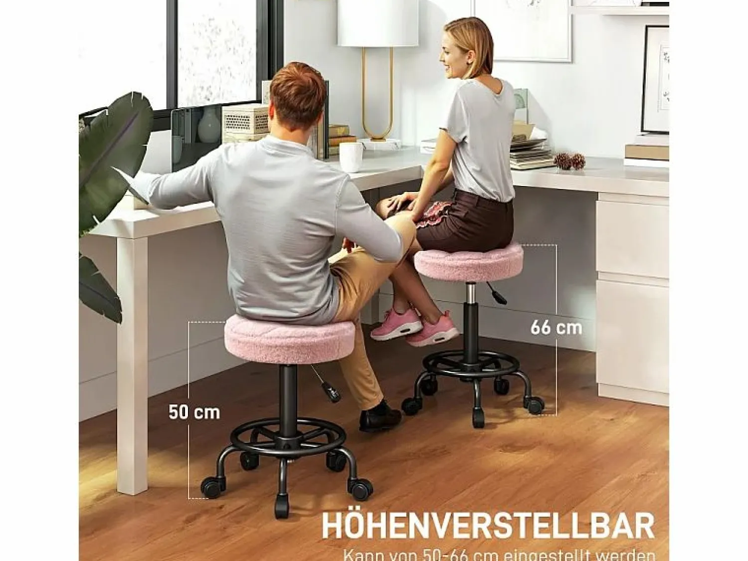 Outlet Taburete de oficina regulable en altura 50-66 cm, giratorio 360°, poliéster, (50x50x66 cm) Rosa