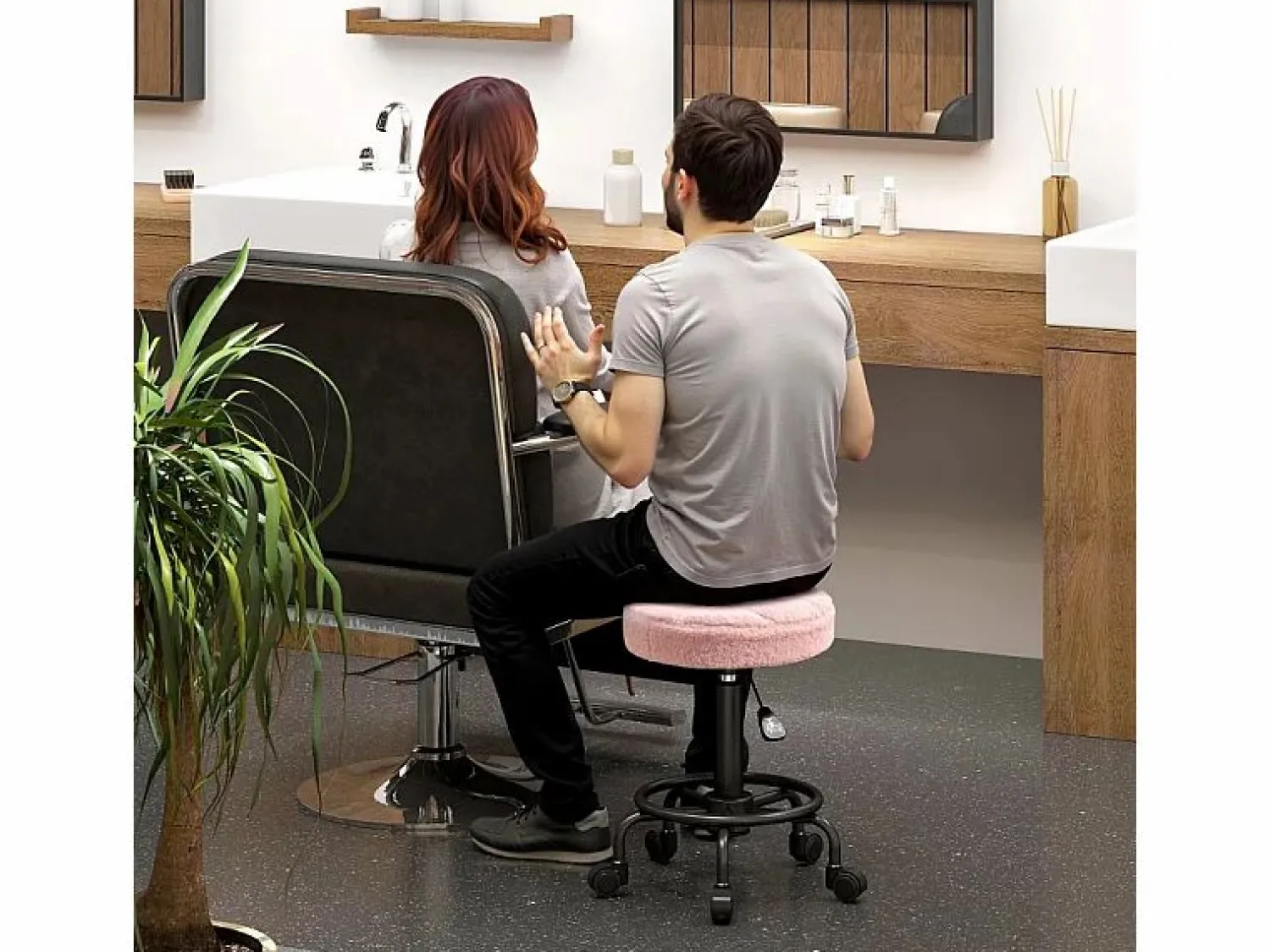Outlet Taburete de oficina regulable en altura 50-66 cm, giratorio 360°, poliéster, (50x50x66 cm) Rosa